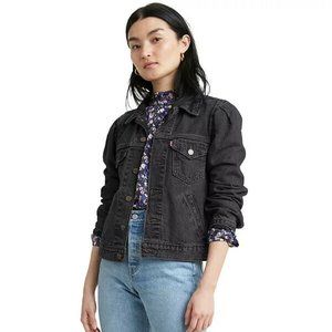 Levi's Womens Original Utility Trucker Jacket Puff Sleeve Denim Black Size Large